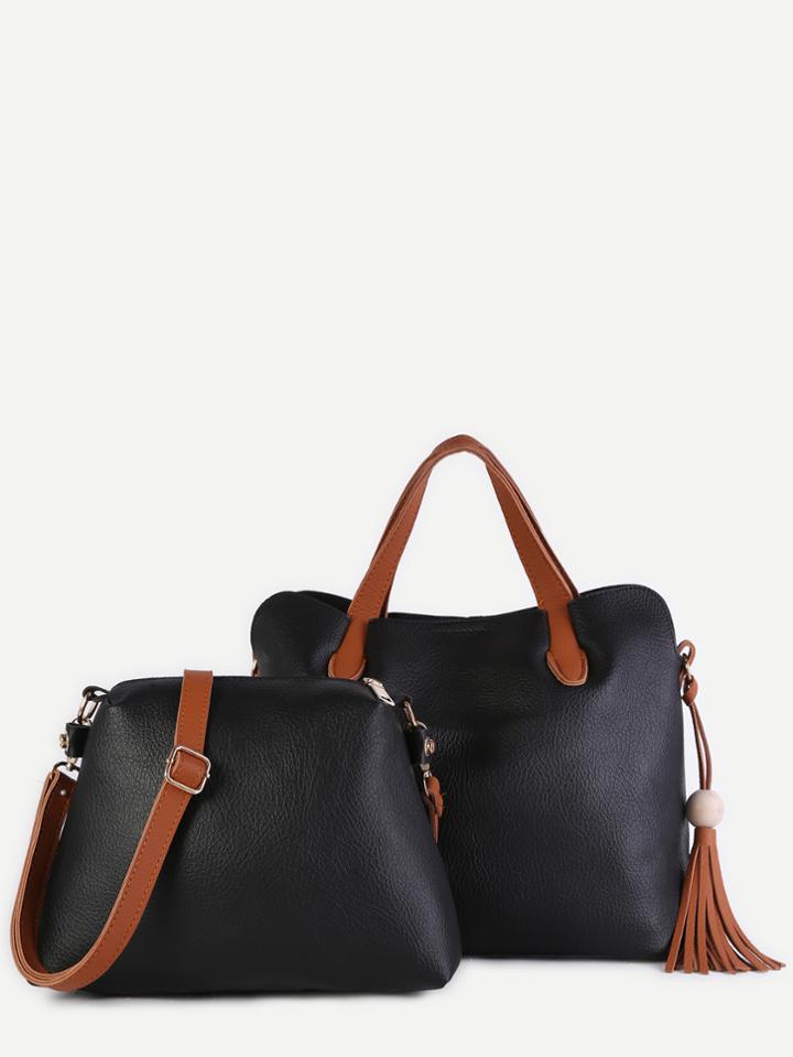 Shein Black Faux Leather Tassel Trim Tote Bag Set