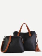 Shein Black Faux Leather Tassel Trim Tote Bag Set