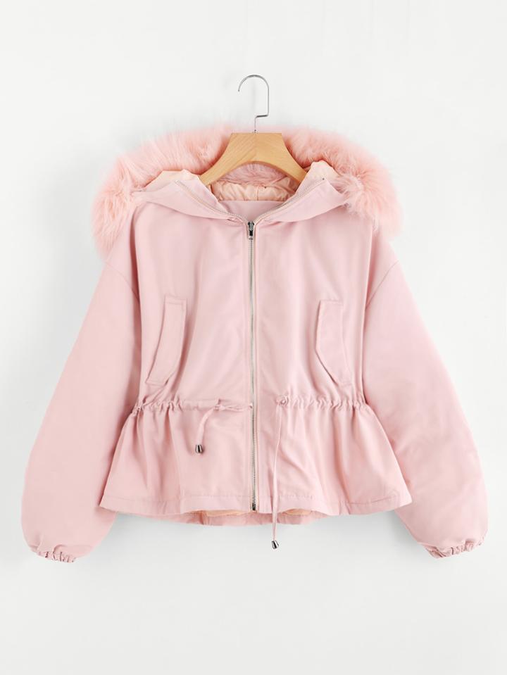 Shein Lantern Sleeve Drawstring Coat With Faux Fur Trim Hoodie