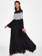 Shein Contrast Lace Applique Trumpet Sleeve Flowy Dress