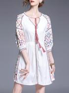 Shein Tie Neck Embroidered Elastic-waist Dress