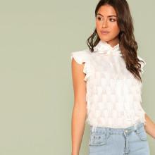 Shein Frill Neck And Shoulder Ribbon Detail Top