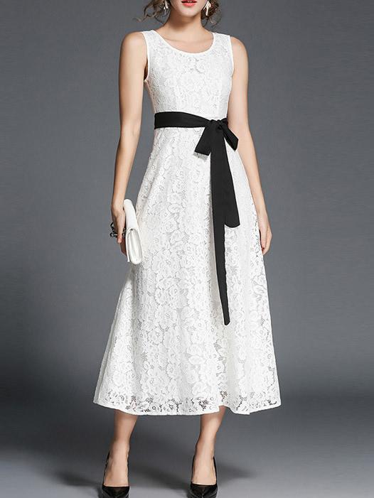 Shein Crew Neck Tie-waist Lace Dress