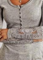Rosewe Button Decorated Lace Splicing Grey T Shirt