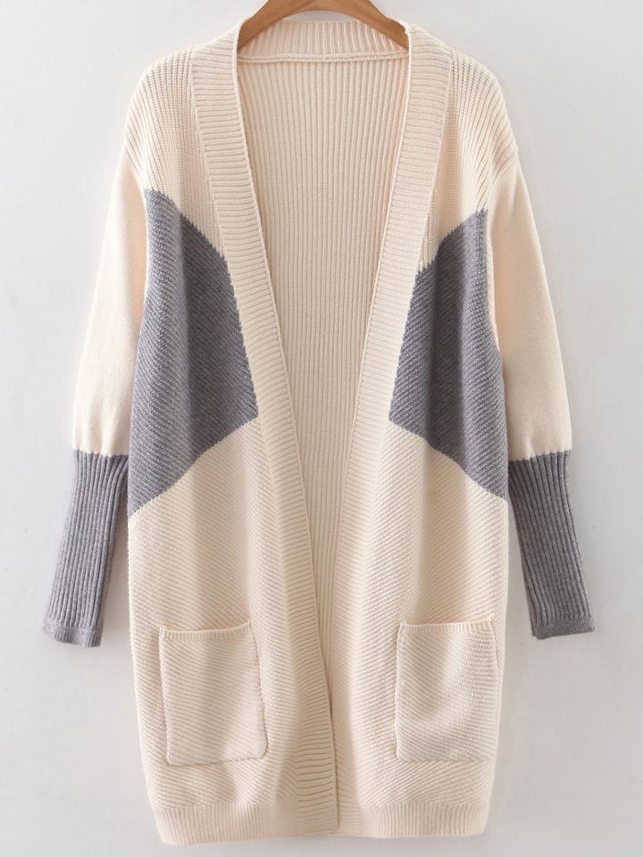 Shein Beige Color Block Ribbed Trim Cardigan With Pockets
