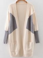 Shein Beige Color Block Ribbed Trim Cardigan With Pockets