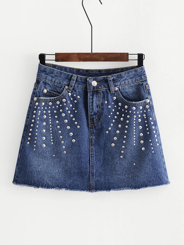 Shein Studded Raw Hem Denim Skirt