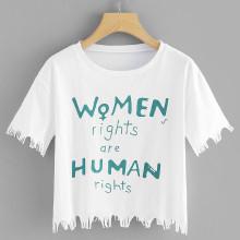 Shein Slogan Print Fringe Trim Tee