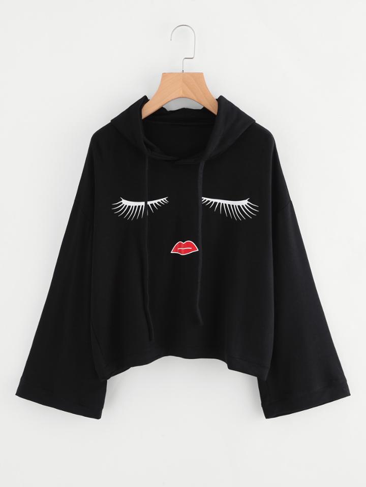 Shein Eyelash & Lip Print Drop Shoulder Hoodie