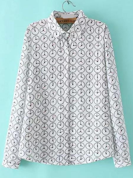 Shein White Long Sleeve Clock Print Blouse