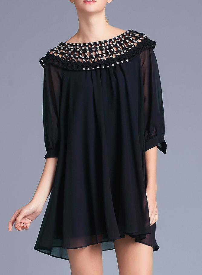 Shein Black With Bead Hollow Chiffon Shift Dress