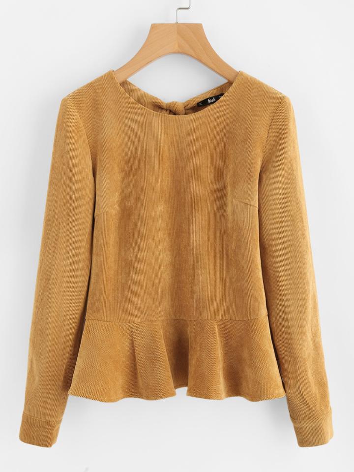 Shein Knotted Buttoned Back Frilled Cord Blouse