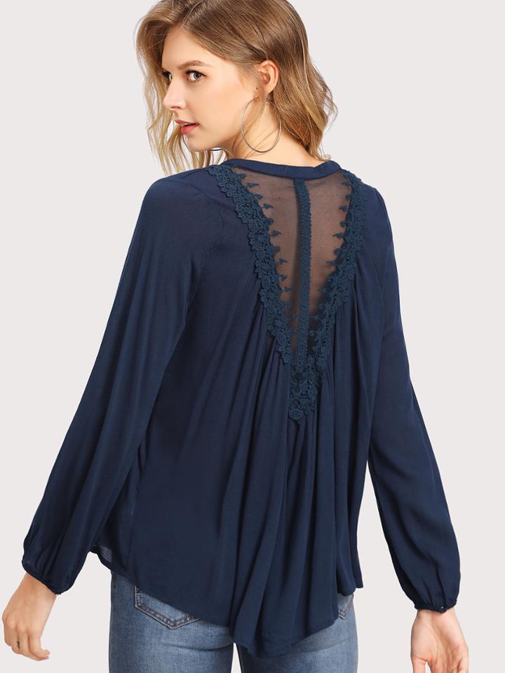 Shein Hidden Placket Embroidered Mesh Back Blouse