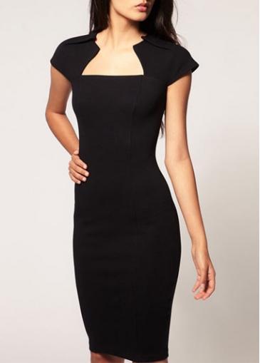 Rosewe Elegant Square Collar Cap Sleeve Sheath Dress Black