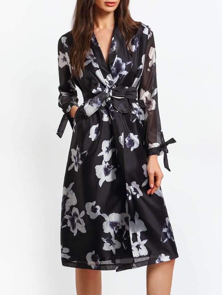 Shein Black V Neck Tie-waist Floral Dress