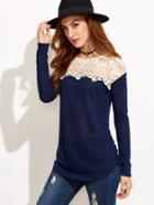 Shein Navy Contrast Embroidered Mesh Neck T-shirt