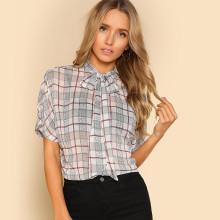 Shein Tied Neck Plaid Dolman Blouse