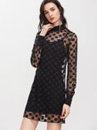 Shein Black Cuffed Sleeve Polka Dot Mesh Dress With Cami Dress