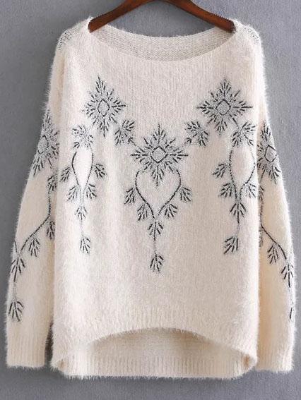 Shein Apricot Embroidery Boat Neck High Low Sweater