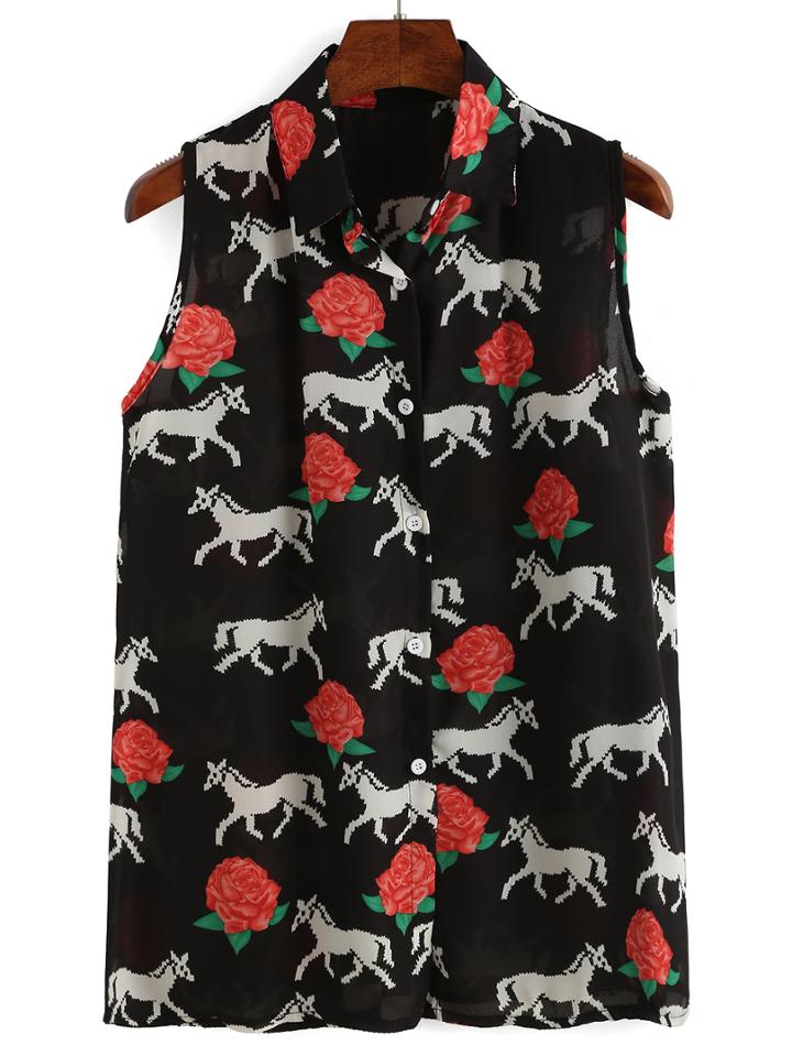 Shein Rose Print Sleeveless Chiffon Blouse