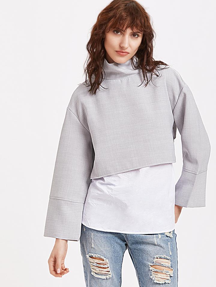 Shein Grey High Neck Contrast Hem Zipper Detail Blouse