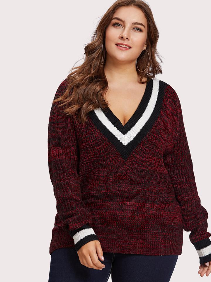 Shein Striped V Neck And Cuff Flecked Jumper
