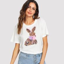 Shein Floral Appliques Sequin Decoration Tee