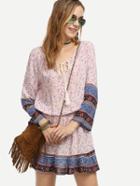 Shein Pink Floral Print Tassel Tie Neck Peasant Dress