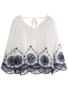 Shein White V Neck Embroidered Crochet Hollow Out Hem Top