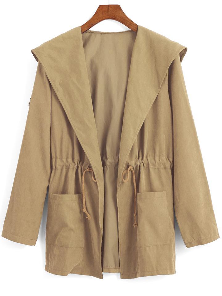 Shein Khaki Hooded Drawstring Waist Pockets Trench Coat