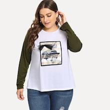 Shein Plus Girl Print Pearl Detail Tee