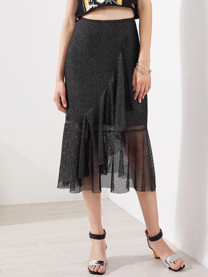 Shein Asymmetric Flounce Trim Metallic Fishnet Skirt