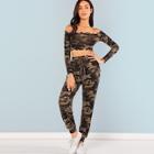 Shein Frill Trim Camo Print Crop Top & Drawstring Waist Pants Set