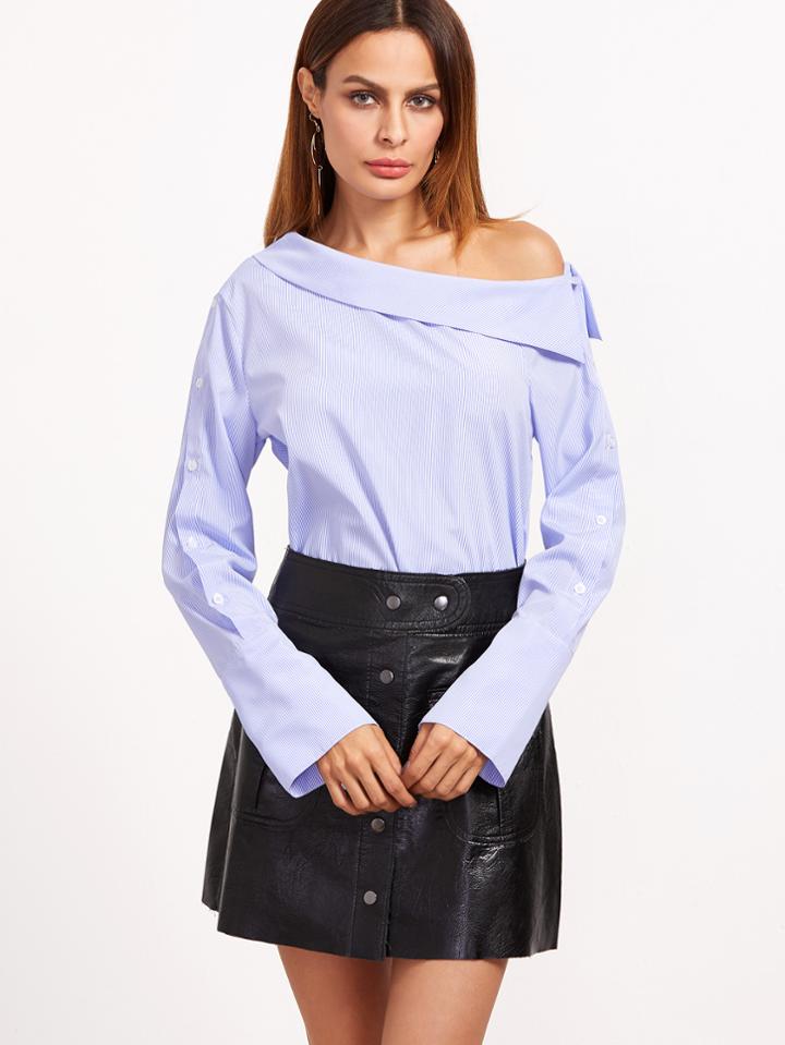 Shein Blue Striped Fold Asymmetric Shoulder Buttoned Sleeve Blouse