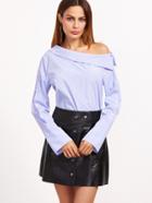 Shein Blue Striped Fold Asymmetric Shoulder Buttoned Sleeve Blouse