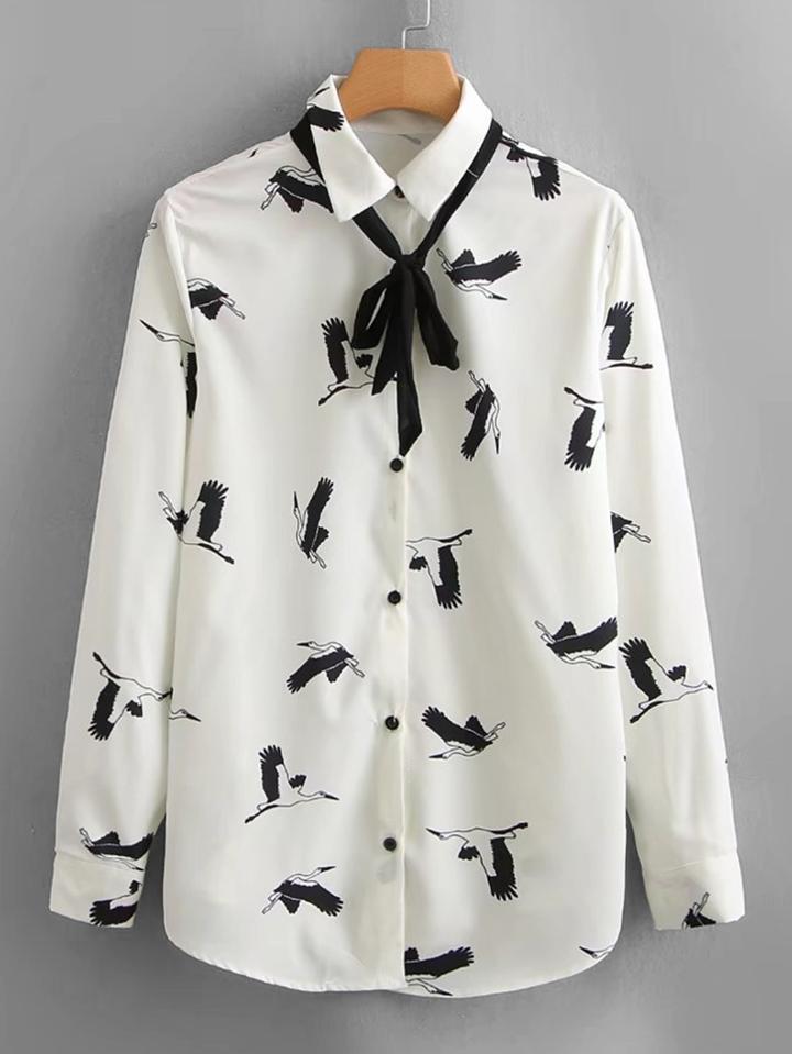 Shein Crane Print Tie Neck Blouse