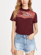 Shein Embroidered Flower Applique Mesh Sweetheart Tee