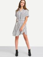 Shein Black White Striped Bottons Tie Waist Shirt Dress