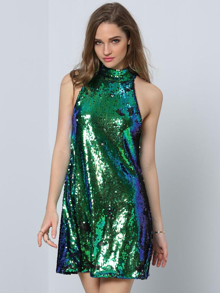 Shein Green Stand Collar Sleeveless Sequined Dress