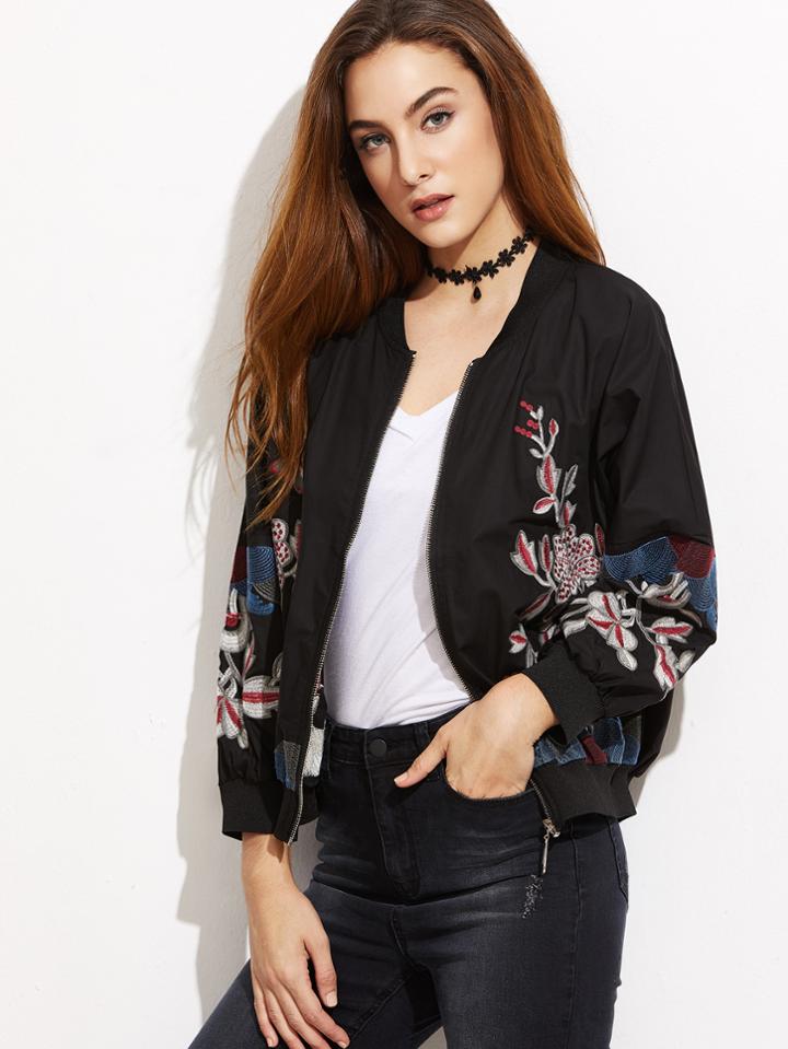 Shein Black Flower Embroidered Ribbed Trim Bomber Jacket