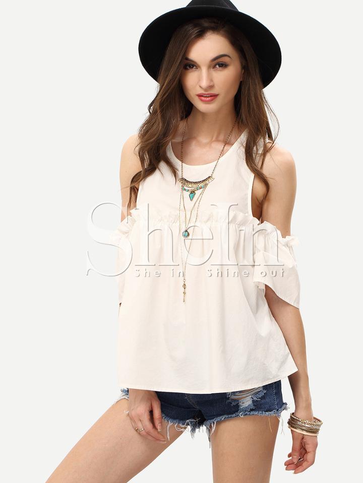 Shein White Cold Shoulder Ruffle Details Blouse