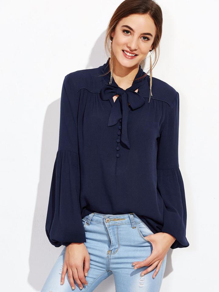 Shein Navy Tie Neck Lantern Sleeve Blouse