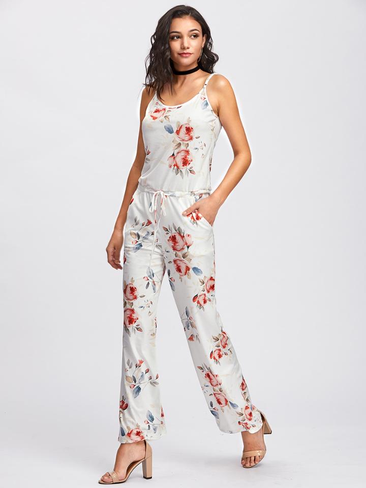 Shein Random Florals Drawstring Waist Cami Jumpsuit