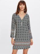 Shein Zip Neckline Ornate Print Tunic Dress