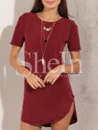 Shein Wine Red Round Neck Dip Hem Casual Dress