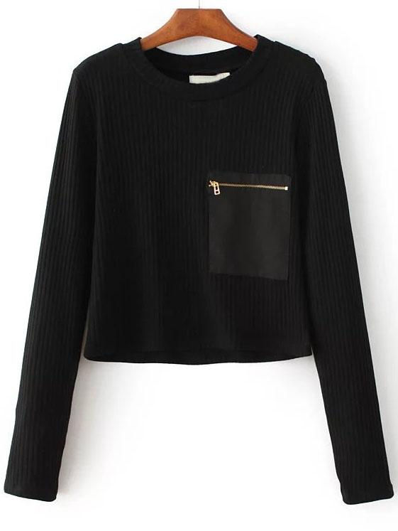 Shein Black Zipper Pocket Ribbed Knit Sweater