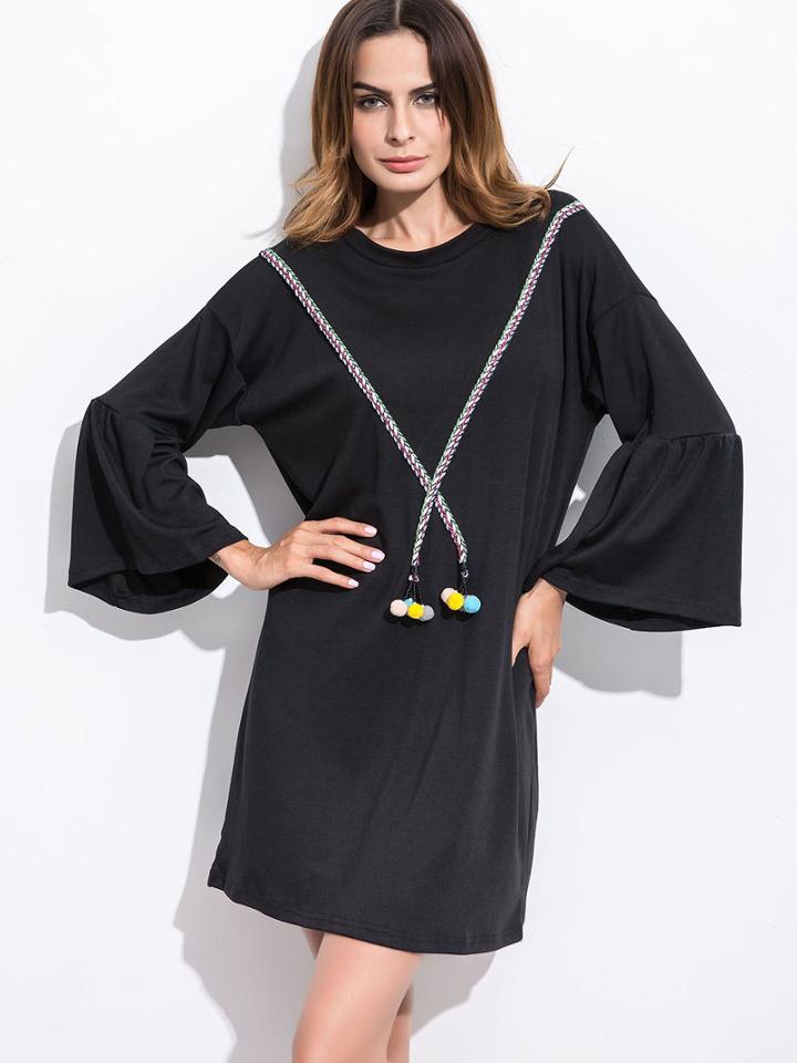 Shein Black Bell Sleeve Pom Pom Trim Dress