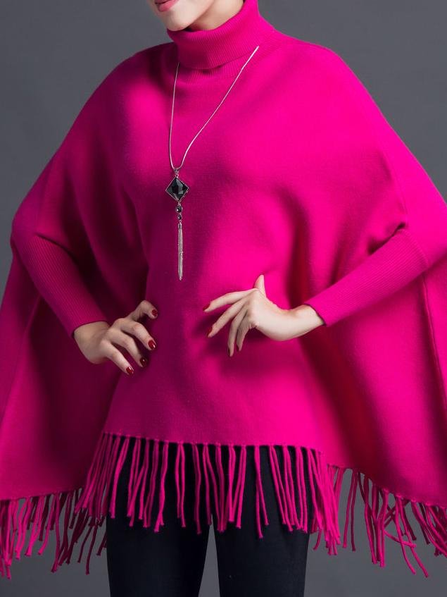 Shein Hot Pink High Neck Tassels Cape Blouse