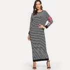 Shein Floral Appliques Batwing Sleeve Stripe Longline Dress