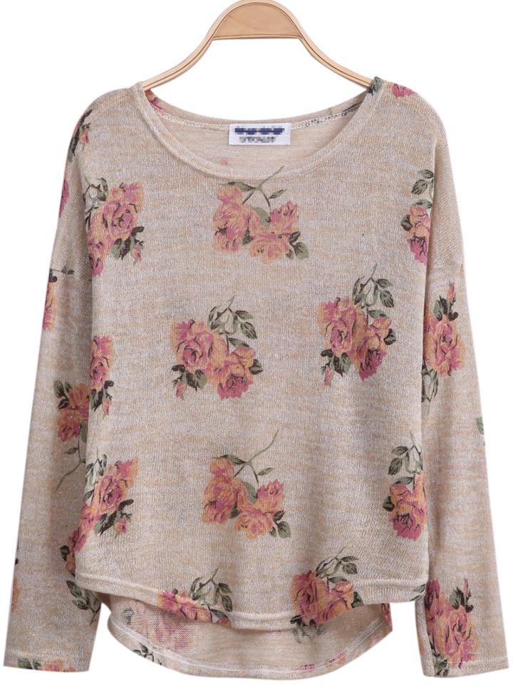 Shein Aprioct Long Sleeve Florals Print Dipped Hem Knitwear